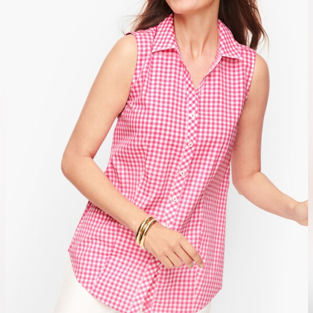 Talbots Sleeveless Pink Gingham no Iron shirt 16p petite